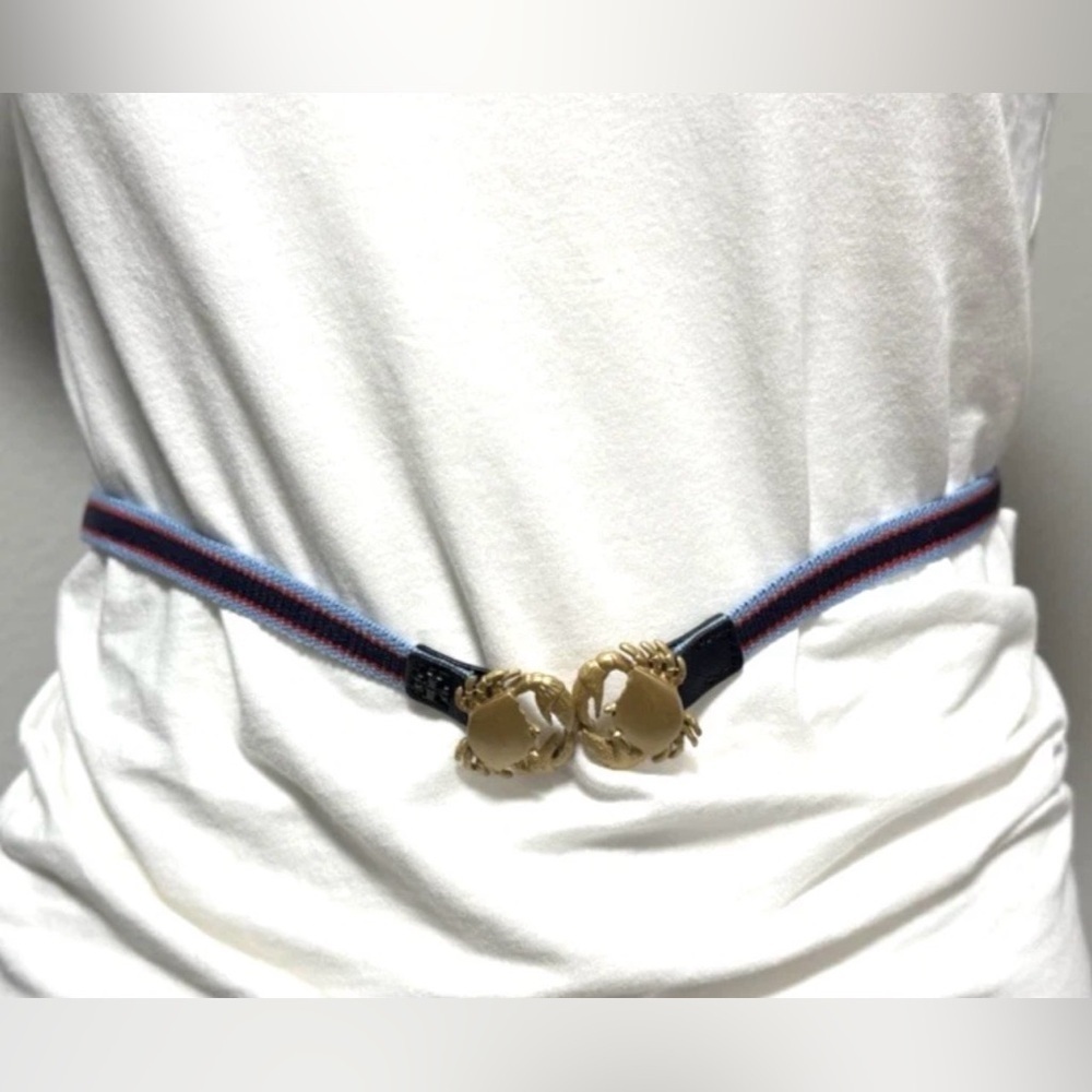 Tory burch Crab Clasp Striped Webbing Skinny Elastic Belt Blue Red